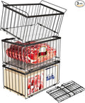 Large Freezer Organizer Bins, Upgrade Quick Expand/Collapse Feature, for 5-9 Cu.Ft Deep Freezer, 3 Pack Stackable Deep Freezer Organizer Bins, Black Wire Foldable Baskets (Black 3 Pack)