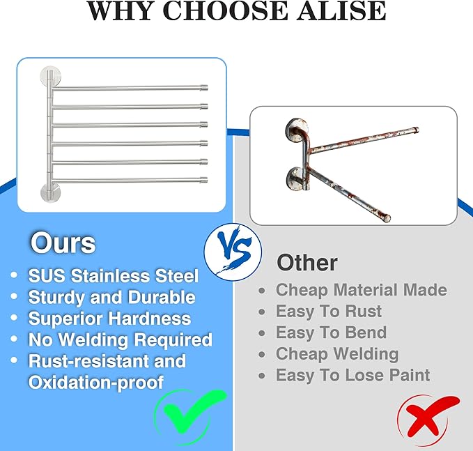 Alise Swivel Towel Rack, SUS304 Stainless Steel 6 Arms Towel Bar, Space Saving Swing Out Towel Rack, Towel Hanger for Bathroom, Wall Mount Drying Racks for Laundry, Brushed Nickel