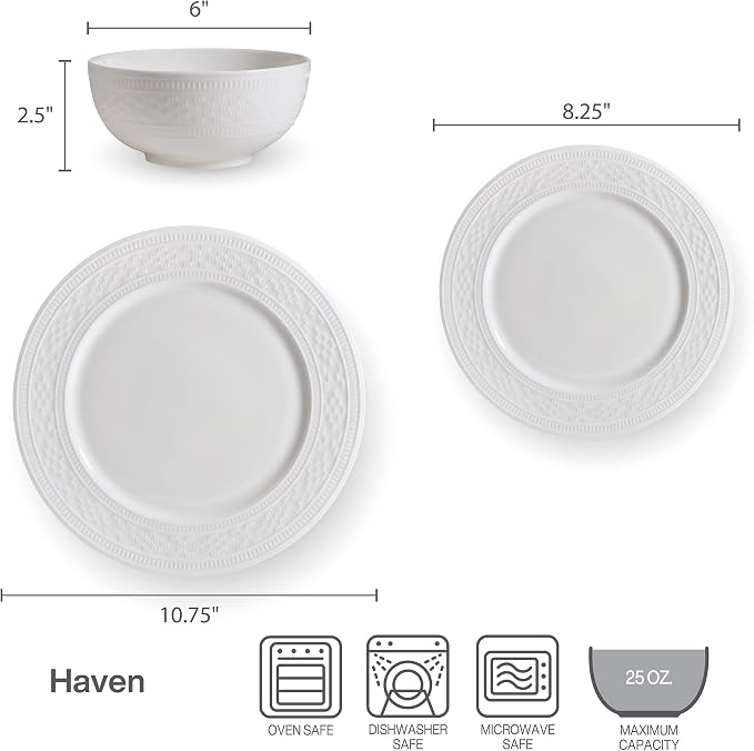 Mikasa Haven Bone China Lightweight Chip Resistant 12 Piece Dinnerware Set, Service for 4 White