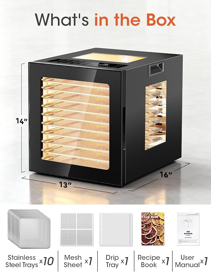Manastin Food Dehydrator Machine, With Large 10 Stainless Steel Trays, 850W Dryer for Meat Jerky, Fruit Vegetable, 95-167℉ Dehydrated Dryer, 48H Timer,10 Presets, Overheating Protection