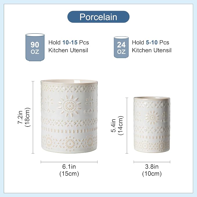 LOVECASA Utensil Holder, 7.2"+5.4" Ceramic Utensil Holder for Countertop, Large Cooking Utensil Crocks for Kitchen Counter, Farmhouse Utensil Vase for Housewarming, Kitchen Decor, Set of 2, Oasis