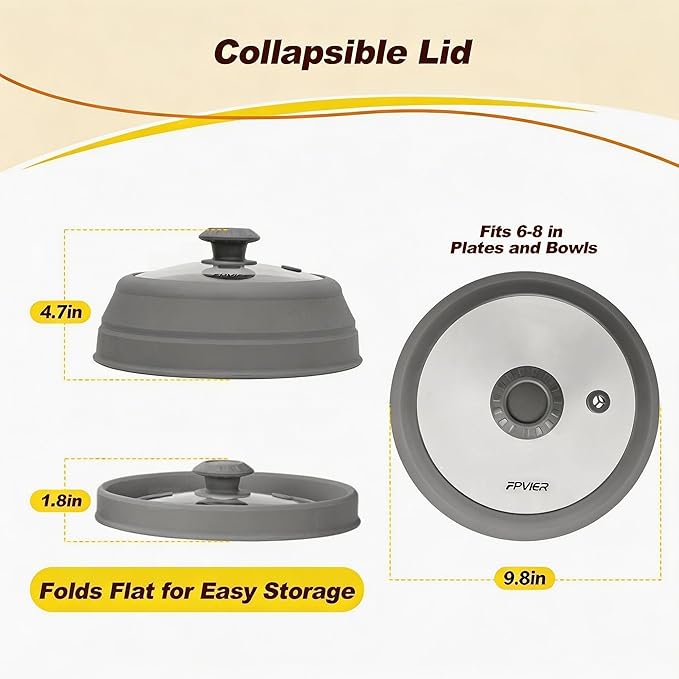 Microwave Splatter Cover - 9.8" Glass Lid with Collapsible Silicone Rim, Universal Pot & Plate Cover for Mess-Free Heating (Gray, 9.8inch)