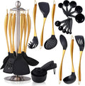 Silicone Cooking Utensils Set, 17pcs Kitchen Utensil Set with Rotatable Holder, Heat-Resistant Silicone Utensils for Cooking, Non-Stick Spatula Set with Stainless Steel Handle,Turner,Ladle (Gold)