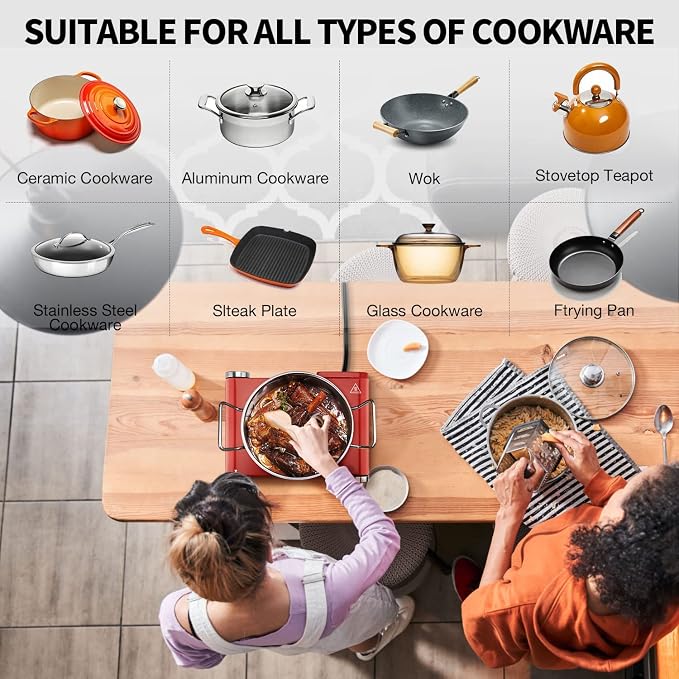 Hot Plate, Techwood Single Burner for Cooking, 1200W Portable Infrared Ceramic Electric Stove with Adjustable Temperature, 7.1” Cooktop for Home/RV/Camp, Compatible for All Cookwares, Red