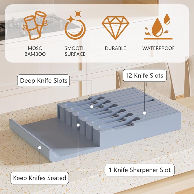 Domax Bamboo In-Drawer Knife Block Kitchen Knife Organizer Insert for 12 Knives and 1 Sharpening Steel(Not Included), Steak Knife Holder, Gray