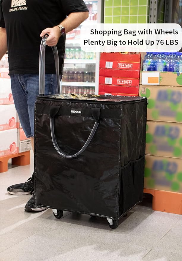 (Medium,Black) Reusable Grocery Bag on Wheels, 70L Foldable Rolling Tote, Carries Up to 66 lbs Shopping Trolley, Zipper Clouser Shopping Carts for Trips, Laundry, 4 Heavy Duty Wheels and 3 Handles