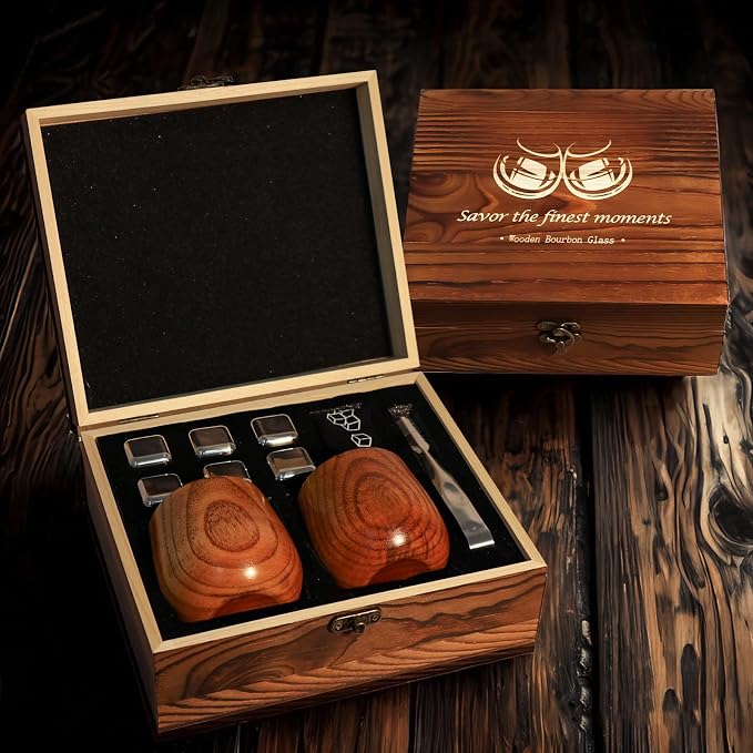 Charred Wooden Bourbon Drinking Glass, Bourbon Gifts for Men, Handcrafted Retirement Whiskey Glasses for Dad, Great Whiskey Gifts for Men, Perfect Presents for Boyfriend Father Friends, 2 Set Cube