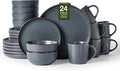 Famiware Mercury Dinnerware Sets with Mugs, Service for 6 (24 Pieces), Stoneware Plates and Bowls Sets, Microwave and Dishwasher Safe Dishes Set, Charcoal