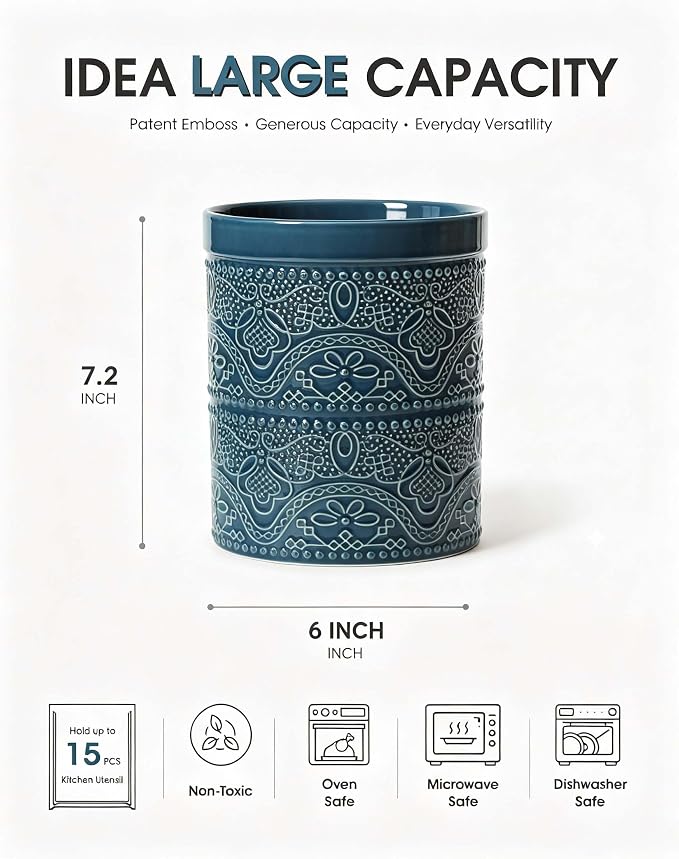 FUN ELEMENTS Kitchen Utensil Holder, 7.2" Super Large Utensil Crock Heavy and Stable Lace Emboss Ceramic Utensil Holder for Kitchen Counter (Grayish Blue)
