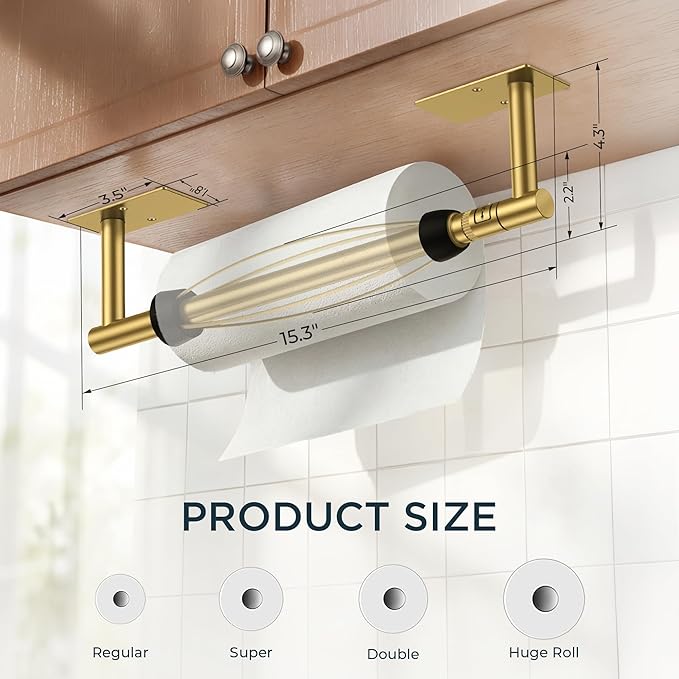 FORIOUS Paper Towel Holder Under Cabinet, Single Hand Operable with Adjustable Damping for Easy Tear, Adhesive or Drill Wall Mount, 304 Commercial Paper Towel Holder for Kitchen Bathroom, Brushed Gold