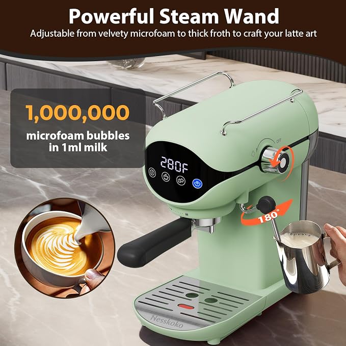 Espresso Machine with Steam Milk Frother Semi Automatic 20 Bar Compact Green with Touch Screen for home Cafetera Espresso, Latte, Cappuccino, Americano, Macchiato