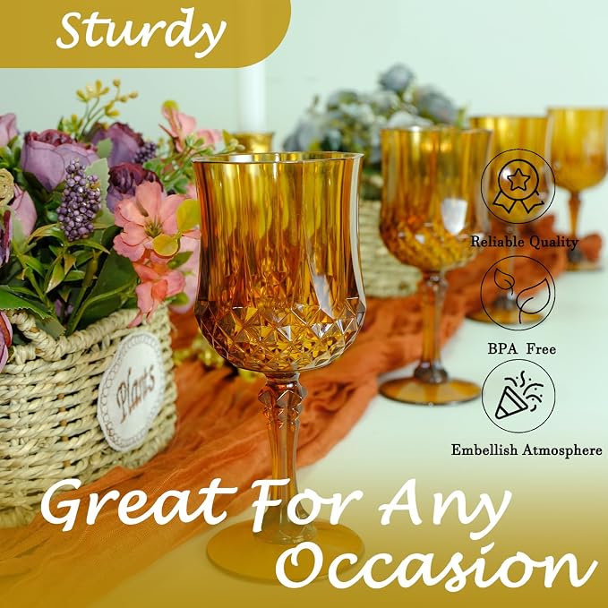 Plastic Wine Glasses, Plastic Goblets Vintage Style Cordial Unbreakable Drinking Glasses, Reusable Drinkware for Wedding Reception, Grand Event Party Supplies (24, Amber)