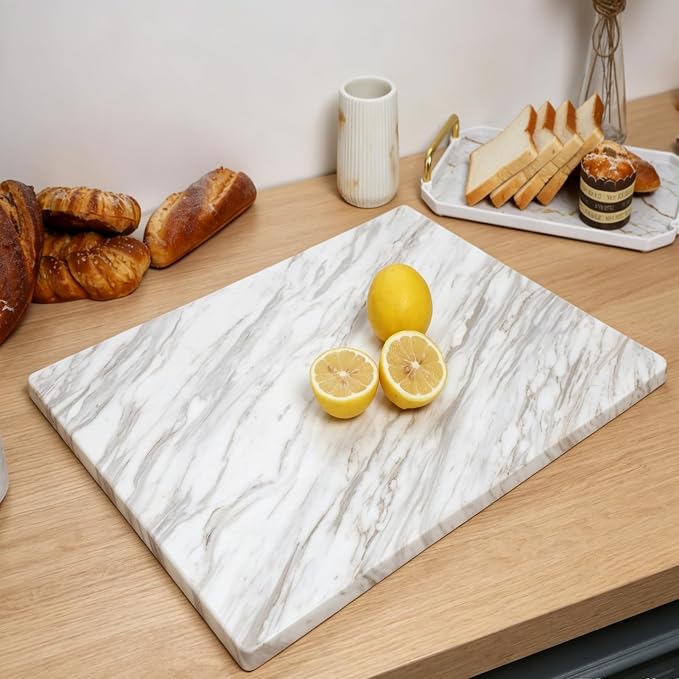 Natural Marble Cutting Board For Kitchen, 16 x 20 Inch Marble Slab Pastry Board With Non-Slip Feet For Baking, Cheese, Charcuterie, Chocolate, White Gray Net Veins