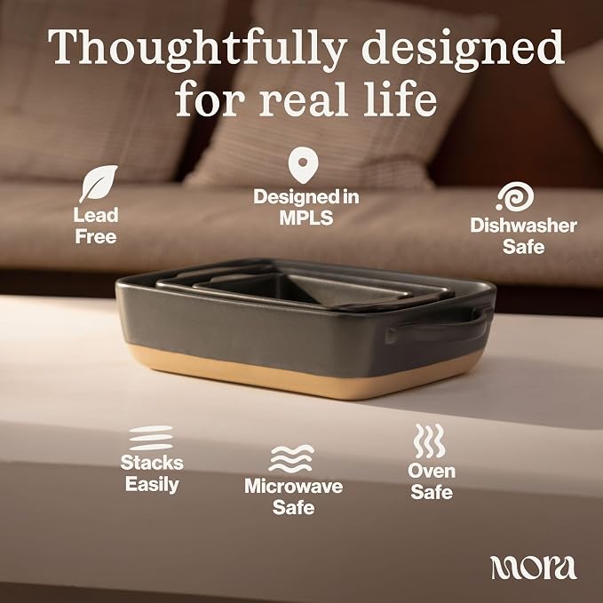 Mora Ceramic Baking Dish with Handles For Casserole, Lasagna, Gratin, Broiling, Roasting, and Baking. Large 9x13 in Pan, Extra Deep - Porcelain Serving Bakeware from Oven to Table. Freezer Safe - Peppercorn