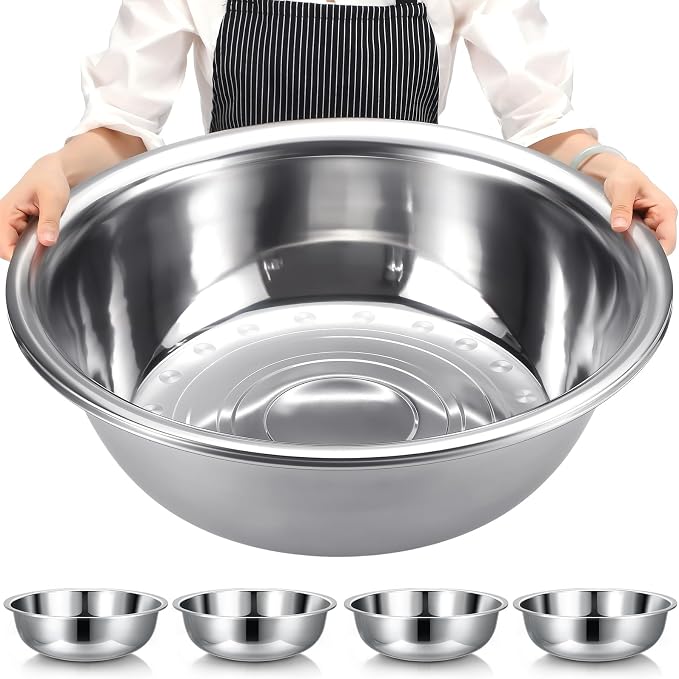 Nuogo 4 Pcs Stainless Steel Mixing Bowls Metal Mixing Bowls Extra Large Basin Salad Basin Deeper Edge Dishwasher Safe Mirror Finish for Home and Commercial, Silver (24 Inch 30 Qt)