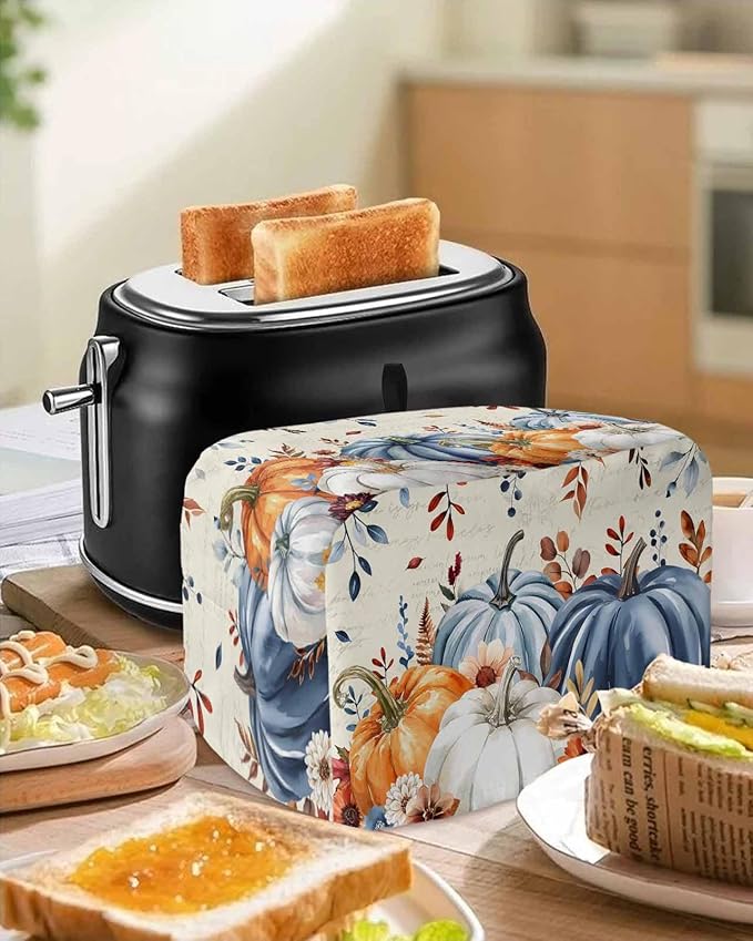 Blue White Pumpkins Fall Toaster Cover 2 Slice, Thanksgiving Leaves Dustproof Bakeware Oven Protector with Top Hook, Autumn Beige Waterproof Small Kitchen Appliance Toasters Dust Cover, 11"x6"x8"