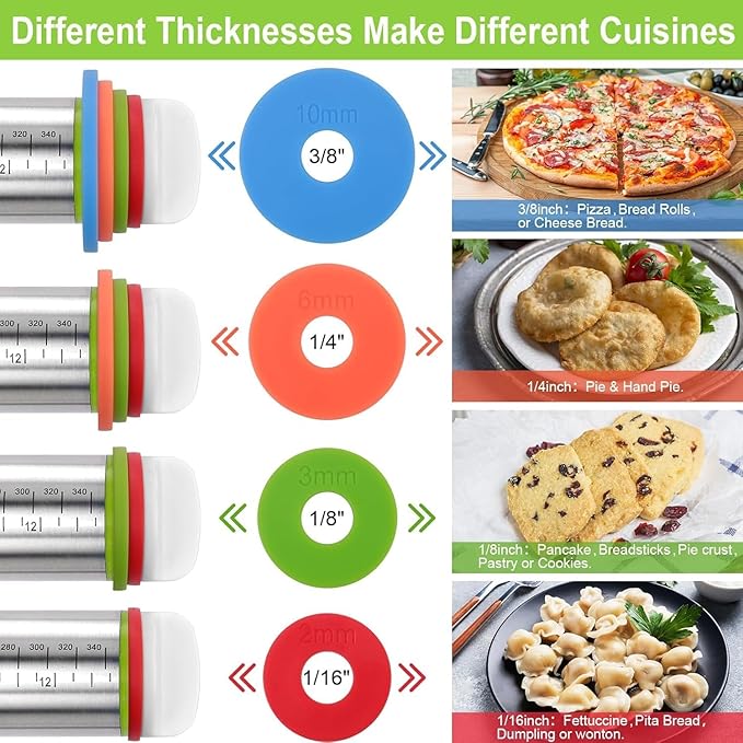 Rolling Pin and Pastry Baking Mat Set, 17-inch Rolling Pins with Adjustable Thickness Rings, Stainless Steel Dough Roller for Baking Fondant, Pizza, Pie, Pastry, Pasta, Cookies (Red)