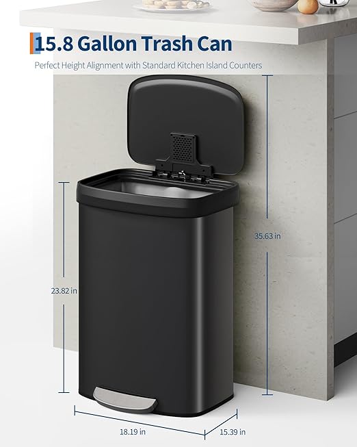 60 Liter/16 Gallon Kitchen Trash Can, Trash Can with Lid and Foot Pedal, Stainless Steel Garbage Can with Liner Rim, Rear Handle, Soft Close Plastic Lid