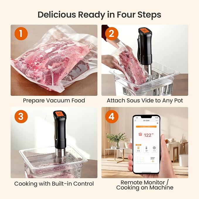 Sous Vide Cooker WiFi 2.4G, 1000W Sous Vide Machine ISSV-200-W with APP 18 Recipes, Timer Alarm, 1°F Precision, Calibration, Ultra-Quiet Thermal Immersion Circulator APP-Controlled