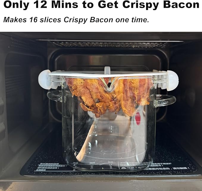 Glass Microwave Bacon Cooker, Microwave Popcorn Popper, 100oz Glass jar with Silicone Lid, Ramen Noodle Bowl and Vegetable Steamer, with Removable Glass skewer, Make 16pcs bacon one time