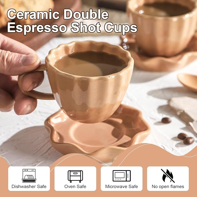 Cute Ceramic Double Espresso Shot Cups Set of 4 Tazas Para Cafe Expresso Cups 3 oz is Suitable for Single and Double Espresso Mugs.