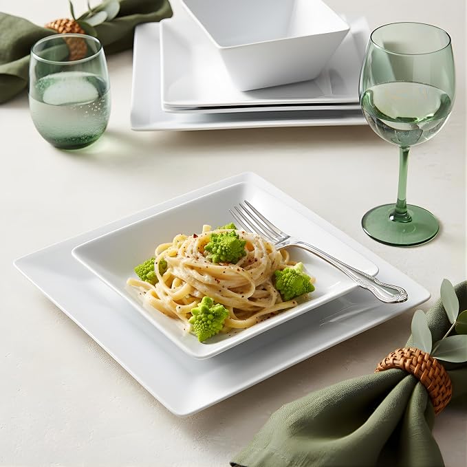 TP 12-Piece Melamine Dinnerware Sets, Plates and Bowls Dishes Set for 4, Break-Resistant & Non-Microwavable, Lightweight Square Dinner Plates, White