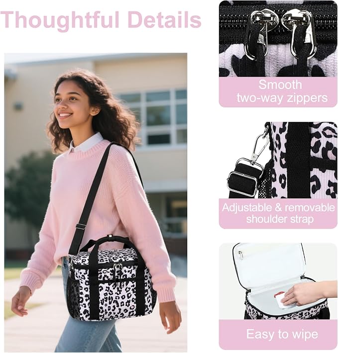 BTOOP Insulated Lunch Box for Women, Cute Corduroy Lunch Bag with Shoulder Strap, Leakproof Wide-Open Lunch Tote for Work, Office, School, Picnic, Pink-Leopard