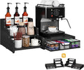 Coffee Station Organizer with K Cup Holder, 28 Pod Capacity,3-Tier Syrup Rack with Coffee Pod Holder Drawer, Coffee Bar organizer Countertop for Accessories,Black