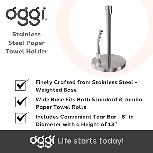 OGGI Stainless Steel Paper Towel Holder - with Tension Arm and Tear Bar, 13" Height - Stainless Steel Construction