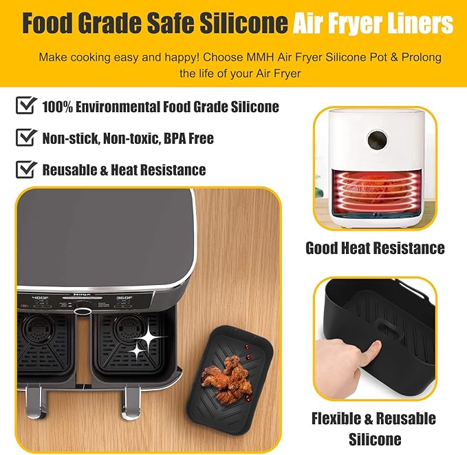 100Pcs Air Fryer Disposable Liners+ 2Pcs Silicone Liners Sets for Ninja DZ401/DZ550/SL401 10Qt, Rectangular Air Fryer Inserts Accessories for Cosori 9QT Dual Basket, Parchment Paper Liners+Black