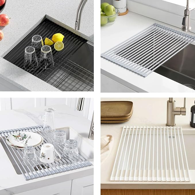 HUHJYUGE Roll Up Dish Drying Rack, Kitchen Sink Dish Drying Rack, Over The Sink Drying Rack Roll Up, Foldable Silicone Dish Drainer for Kitchen, for Plates, Cups, Bowls (E 52x33.5cm)