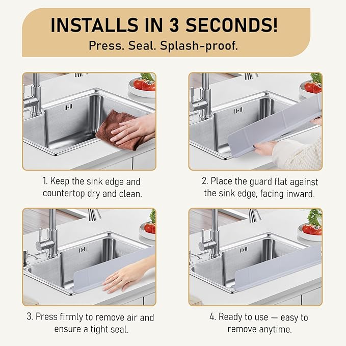 Kitchen Sink Splash Guard 18" Self-Draining Silicone Water Guard with High Splash Wall & Strong Suction Cups for Faucet, Countertop & Sink Edge, Keeps Sinks Dry, Dishwasher Safe, Gray