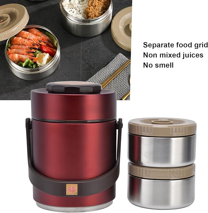 1.5L Bento Box, High Capacity Stainless Steel Portable Bento Box, Hot Food Thermos, Adults Lunch Thermos, 3 Layer Sealed Stackable Food, for Outdoor Office(Red)