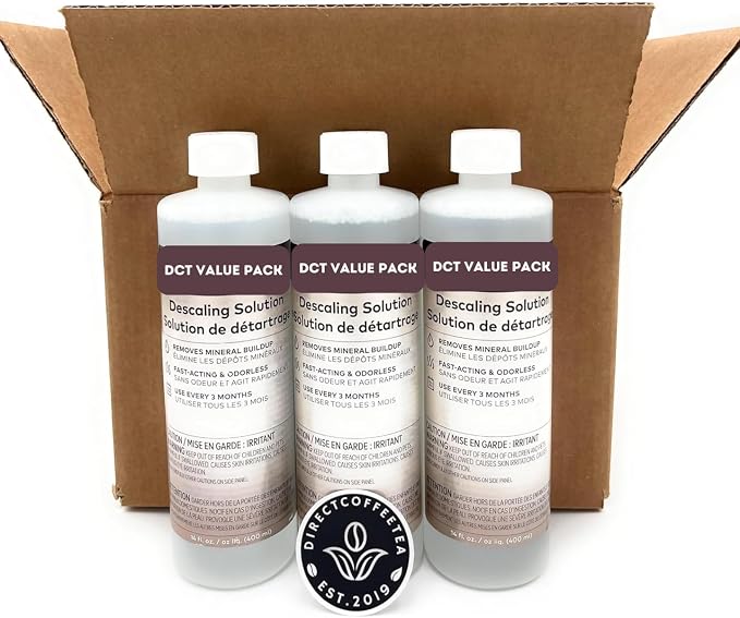 Descaling Solution Pack of 3 (14 fl oz Each) for Single Serve Coffee Machines with Complimentary Direct Coffee Tea Est 2019 Brand Sticker