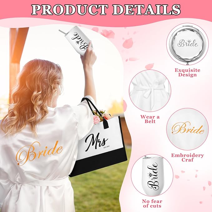 JaGely 9 Pcs Bride to Be Gifts Set Bridal Shower Bachelorette Wedding Gifts with Robe Slippers Tumbler Tote Bag & Bridal Kit