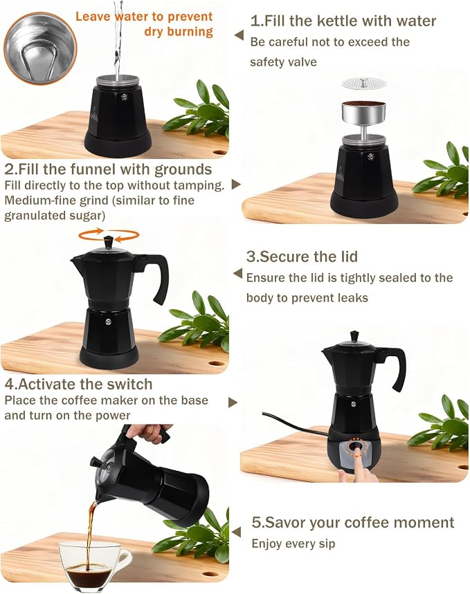 Electric Moka Pot with Detachable Base Aluminum Espresso Maker 10oz 6 Cup 300ml Black Italian Coffee Maker for Kitchen Home 110V