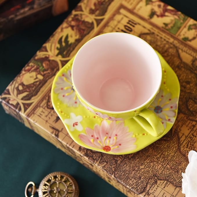 Adorable Bunny-Themed Pink Ceramic Cup & Saucer Set，7oz hand-painted ceramic Perfect for fairy tea parties, birthday gifts, parties, Christmas, and New Year. (Green)