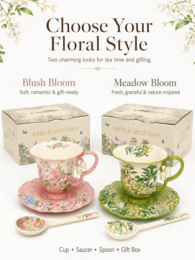 Tea Cup and Saucer Set with Spoon, Porcelain Flower Tea Cup with Saucer, Cute Vintage French Style Coffee Cup Gift Set with Box for Women and Tea Parties