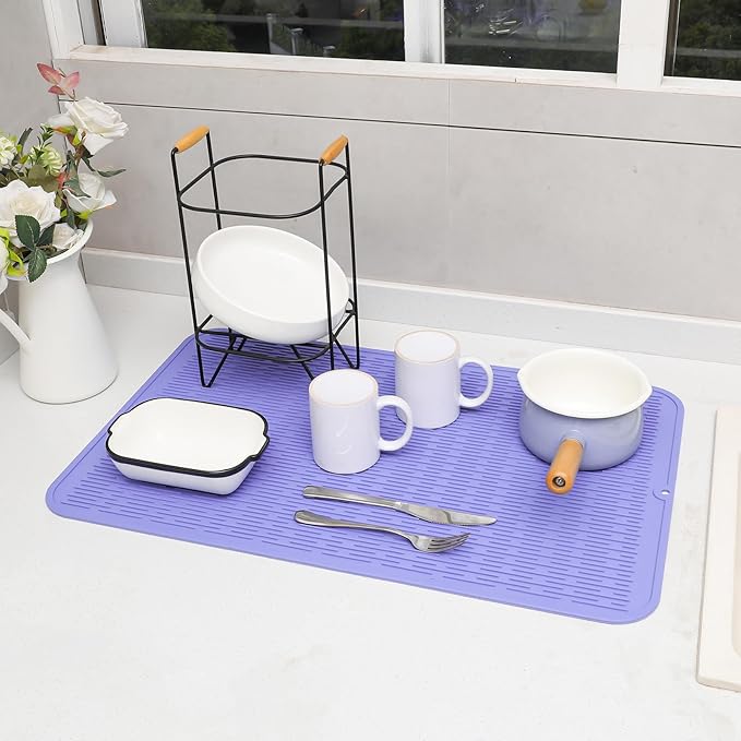 MicoYang Silicone Dish Drying Mat for Multiple Usage,Easy clean,Eco-friendly,Heat-resistant Silicone Mat for Kitchen Counter or Sink,Refrigerator or Drawer Liner Light Purple 3XL 28 inches x 18 inches