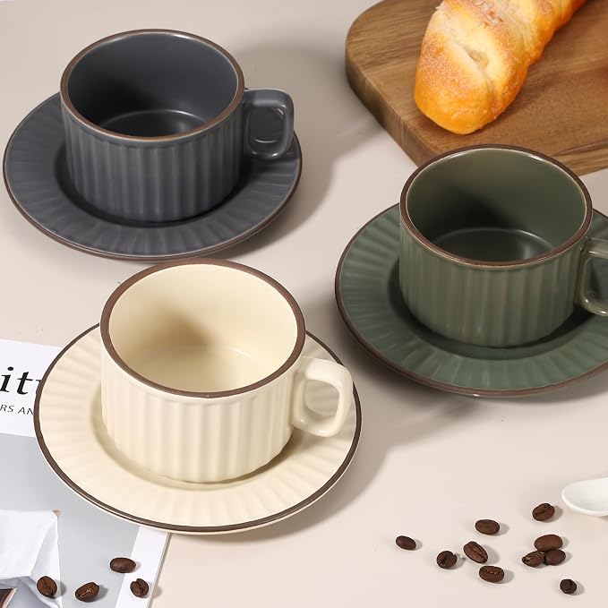 uxcell Handmade Vintage Espresso Cups, 8 oz Coffee Cups and Saucers Ceramic Tea Cup with Handle Dishwasher and Microwave Safe for Latte Cappuccino Milk Office Home Gifts, Gray