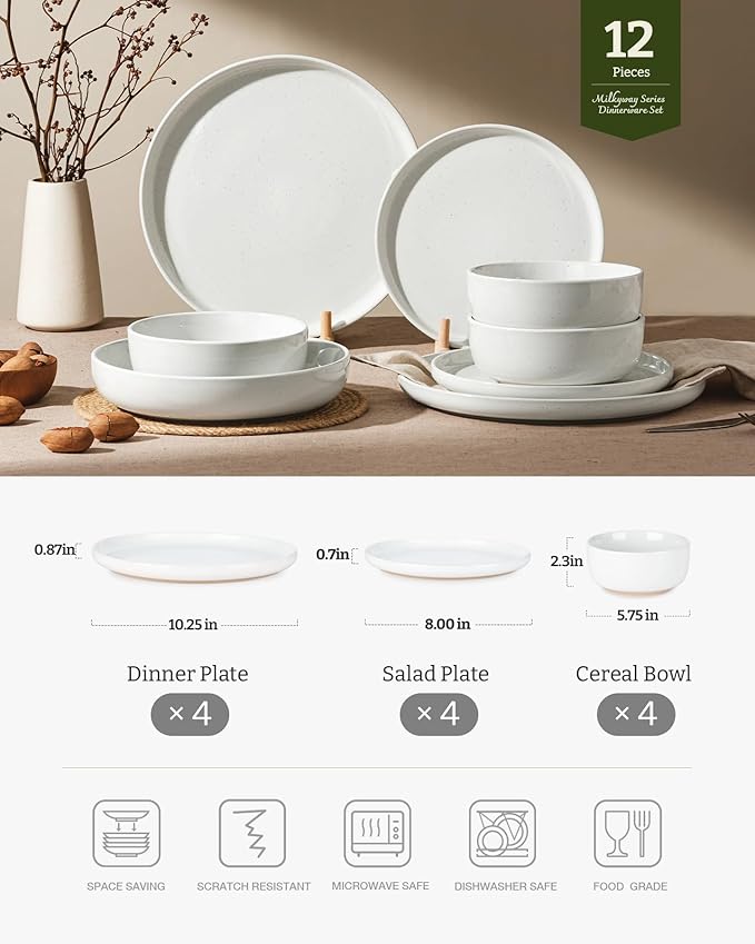 Famiware Milkyway 12-Piece Stoneware Dinnerware Set for 4, Plates and Bowls, Scratch Resistant, Microwave & Dishwasher Safe, White