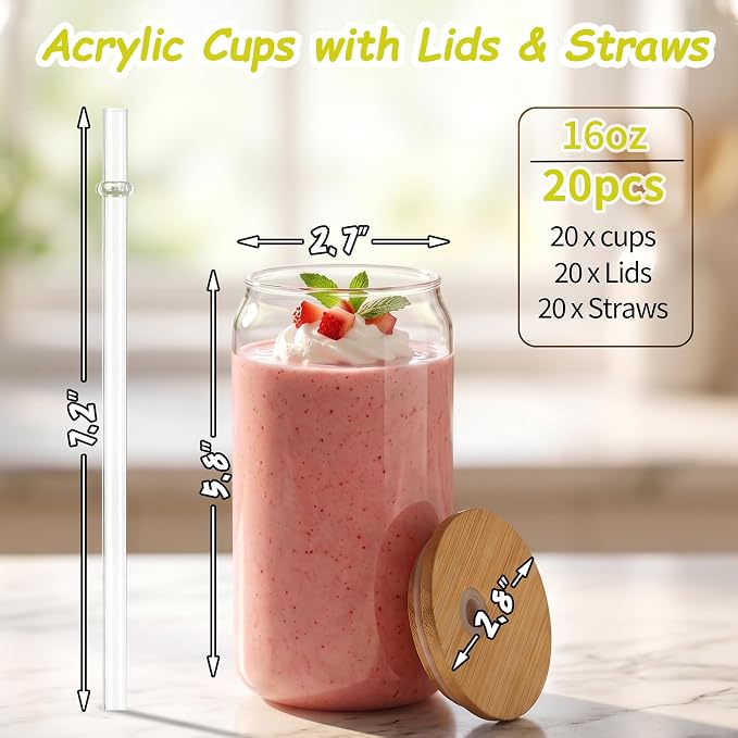 20 Pack Clear Plastic Cups with Bamboo Lids and Straws, 16 oz Acrylic Mason Jars Reusable Iced Coffee Cups Unbreakable Drinking Glasses for Poolside, Party Giveaways, Park Picnic