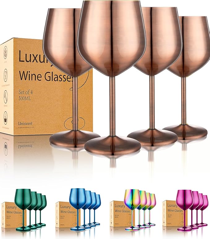UNISWEET Stainless Steel Wine Glasses Set of 4 Unbreakable Wine Glass 18 oz Unique Metal Wine Goblets for Outdoor, Travel, Camping, Pool, Ideal Gift for Wine Lovers (Red Copper)