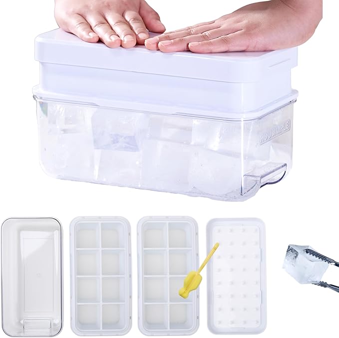 Season 3 GiantPush Silicone Large 2-Inch Ice Cube Tray with Lid, Square Whiskey Ice Mold for Cocktails & Highball, Slow-Melting Ice Maker, Easy Release, BPA Free (WHITE, 2-Tier Set)
