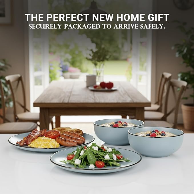 Dinner Set 16 PCS – Premium Ceramic Tableware in Blue – Includes 4 Dinner Plates, 4 Side Plates, 4 Rice Bowls & 4 Soup Bowls – Durable, Stylish & Microwave Safe
