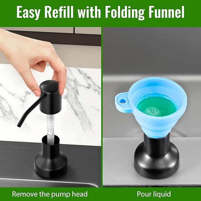 Soap Dispenser for Kitchen Sink, Kitchen Sink Soap Dispenser with 17 OZ Bottle, Refill from The Top Bar, Longer Threaded Shaft Shank, Wide Pump Head Base (Black)