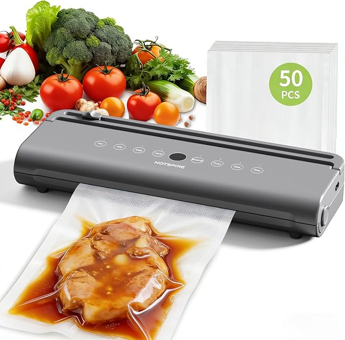 HOTSPIRE Food Vacuum Sealer Machine, Powerful & Continuous Vacuum Sealing for Kitchen Storage & Meal Prep, Wet & Dry Food Sealing, Detachable Upper & Lower Design for Easy Cleaning, Includes 50 Bags