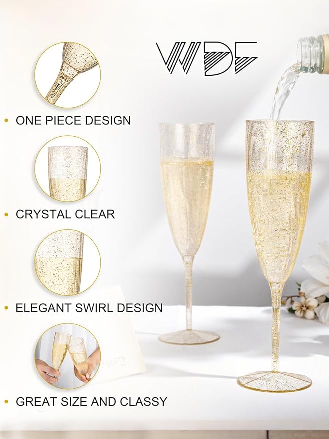 WDF 36-Pack Plastic Champagne Flutes - Gold Glitter Champagne Glasses Disposable - Perfect for Wedding/Birthday/Bridal Shower/Baby Shower/Graduation