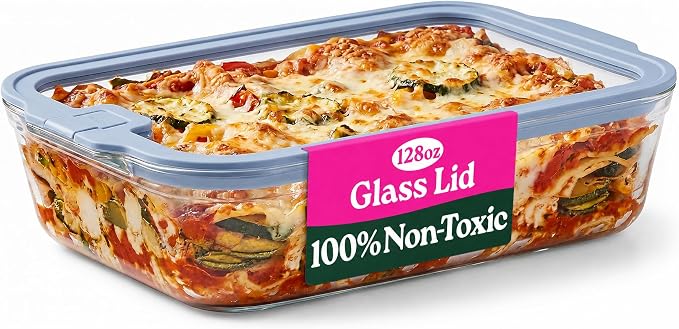 Non-Toxic Glass Baking Dish with GLASS LID, Deep Casserole Dish, Borosilicate Glass 9x13 baking pan Airtight Glass Food Container, Oven, Freezer and Microwave Safe, PLASTIC FREE