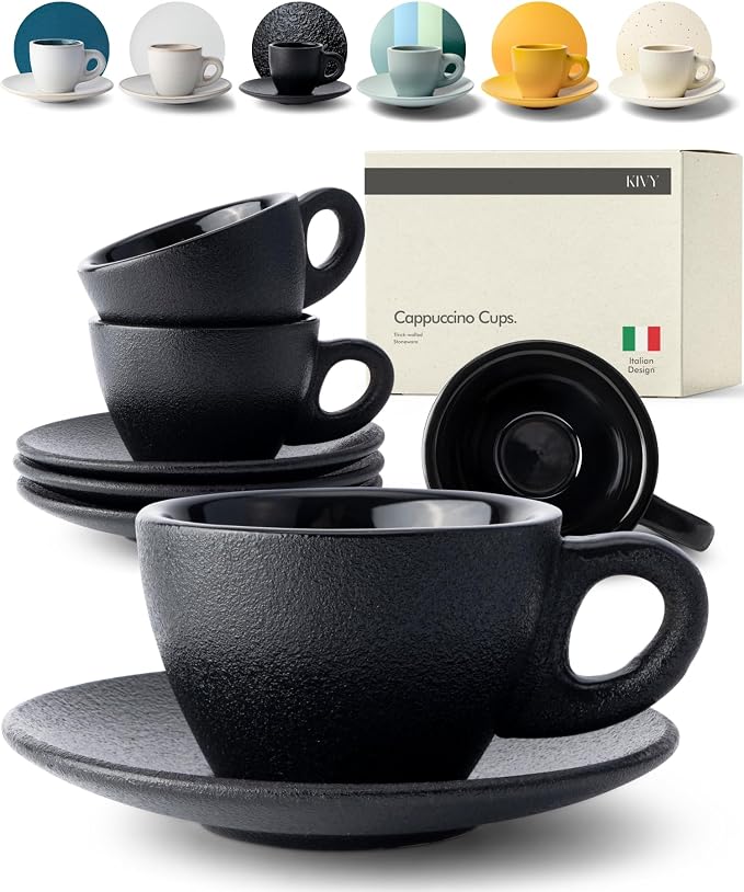 KIVY Cappuccino cups set of 4 [8oz] - Thick-walled stoneware cappuccino cup set for latte art - Latte mugs - Latte cups - Latte mug - Coffee cup black - Ceramic latte cup and saucer